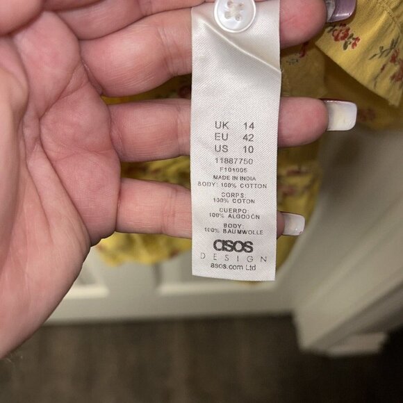 ASOS Yellow Floral Print Cottegecore Babydoll Deep V-Neck Mini Dress Size 10 - Picture 8 of 9